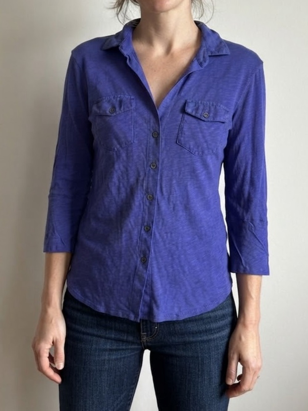 James Perse Sz L Purple Blue Cotton Casual 3/4 Sleeves Soft Button Down Top